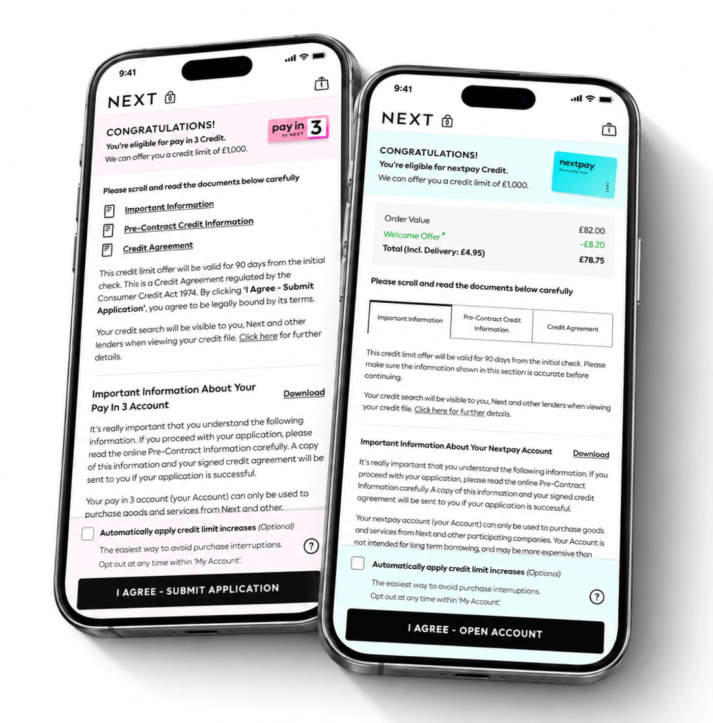 Pay in 3 and NextPay credit application screens shown on mobile phones