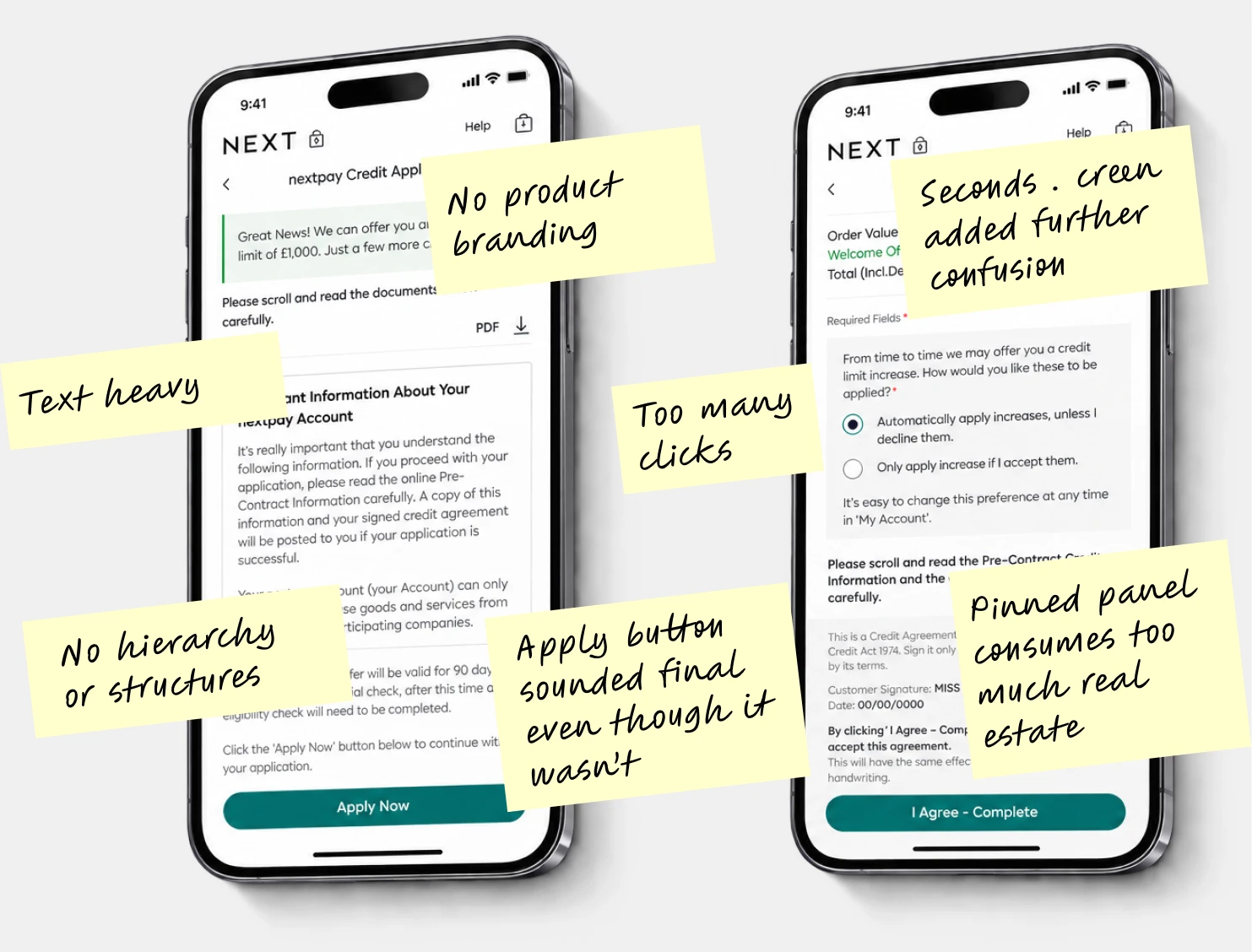 Mobile credit screens annotated with user-testing observations