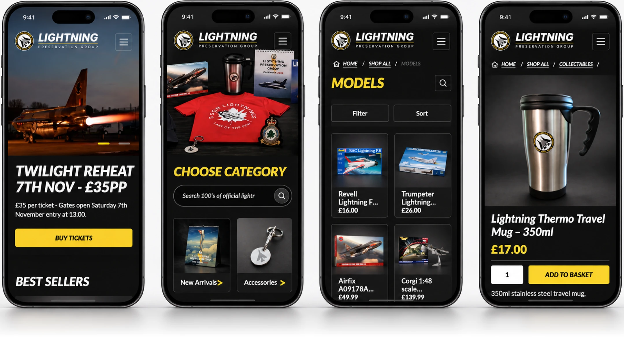 Four mobile screens showing the Lightning Preservation Group homepage, category navigation, product listing and product detail page