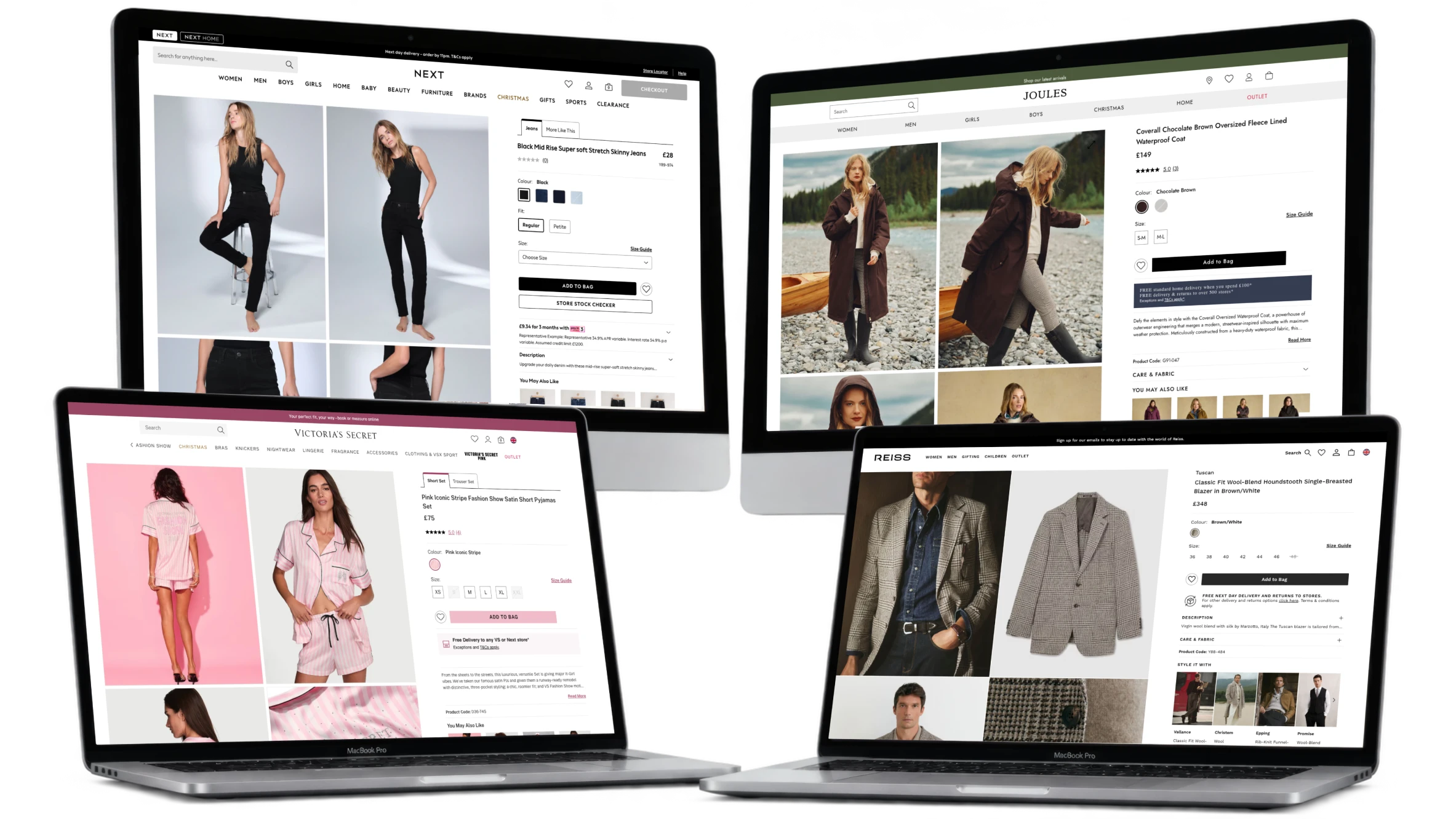 Final product detail page template shown across Next, Joules, Victoria's Secret and Reiss
