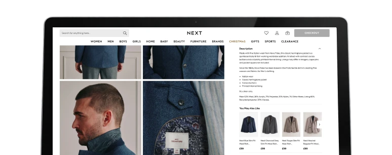 Product details and recommendations displayed alongside a larger image gallery