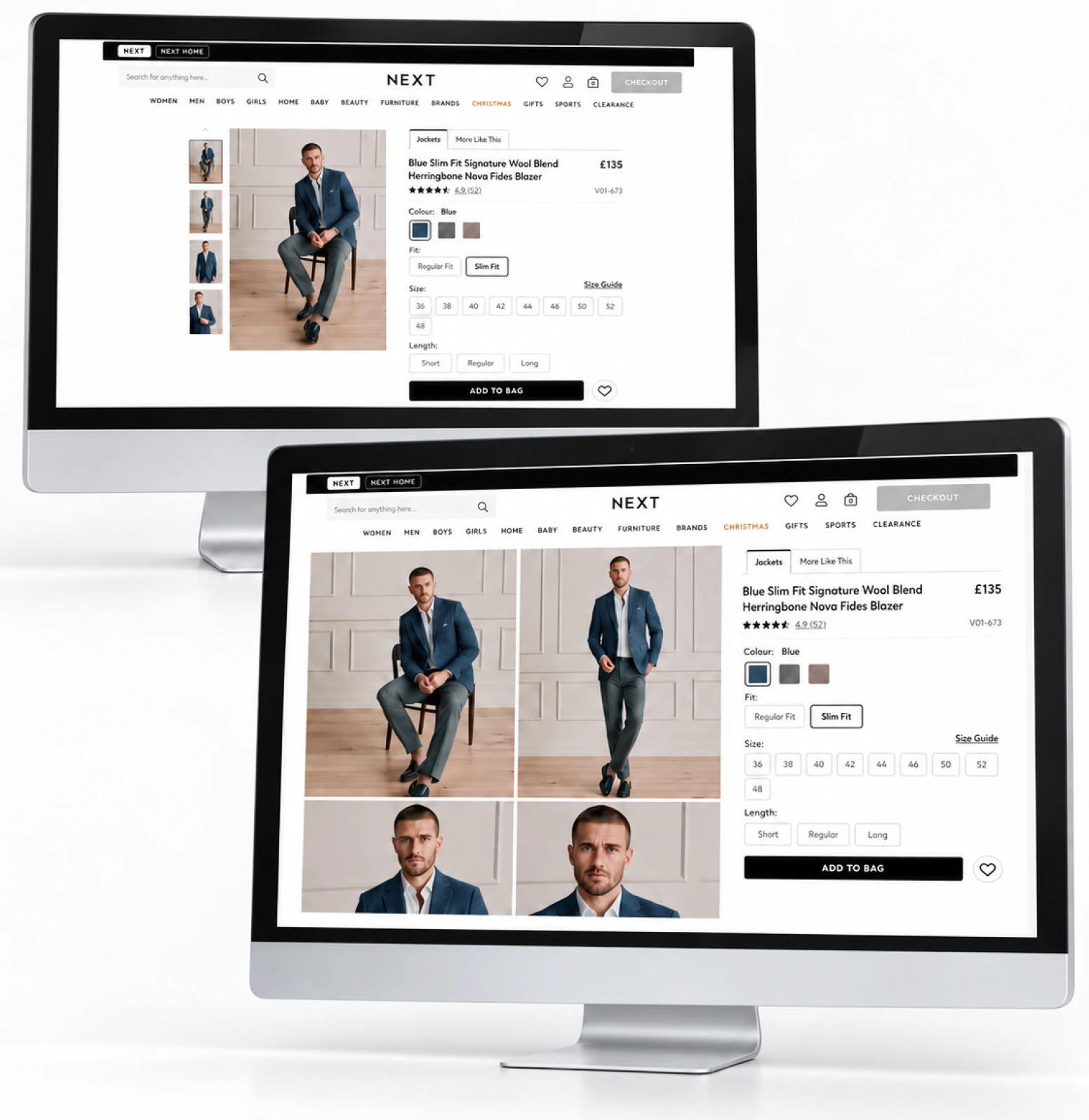 Before and after desktop mockups showing a more image-led Next product detail page